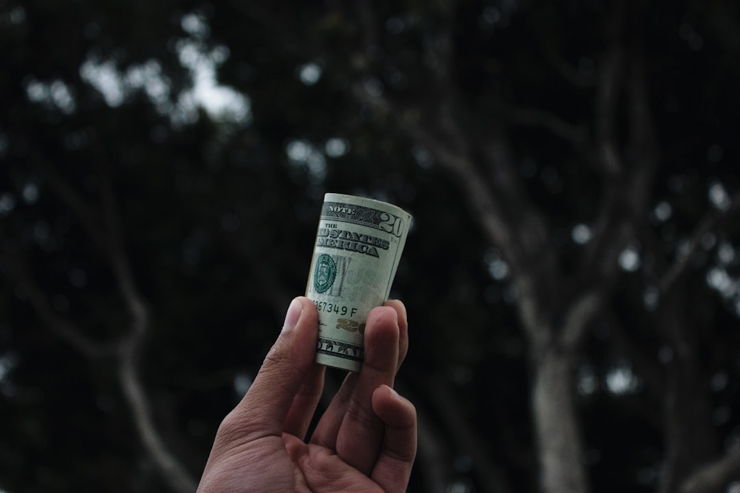 A person's hand holding up a roll of dollar bills