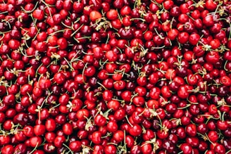 A dense collection of ripe red cherries with stems, packed closely together, creating a vibrant and lush texture.