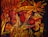 A vivid and energetic painting featuring abstract indigenous faces adorned with vibrant headgear and ornaments. The composition is filled with swirling patterns and symbols, predominantly in warm shades of red, orange, and yellow. The brushstrokes are dynamic, suggesting movement and intensity.