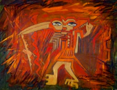 An abstract painting featuring shadowy figures intertwined with flags and symbolic currency, evoking a sense of political intrigue.