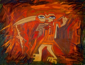 An abstract painting featuring a central figure with geometric shapes and sharp lines. The figure has wide eyes, a prominent nose, and an intricate pattern on its body. Surrounding the figure is a chaotic blend of warm colors and dynamic brushstrokes.