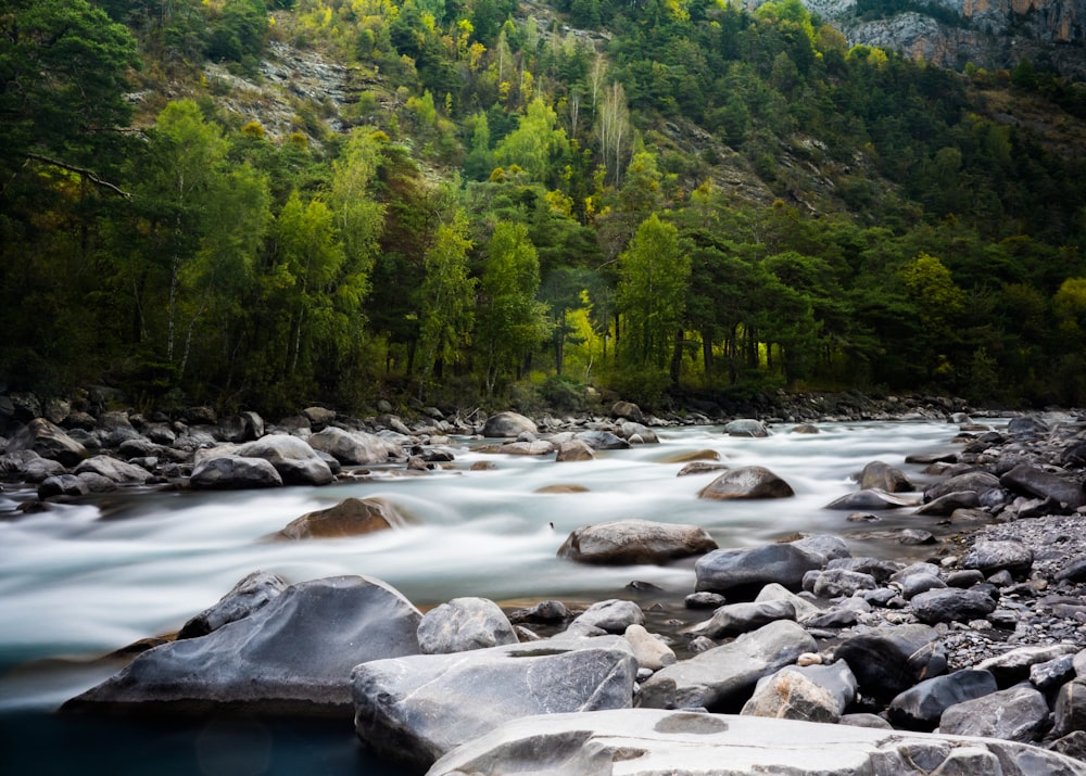 timelapse photograph of rocky river