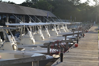 A lineup of trucks and boats ready for booking at a dock.