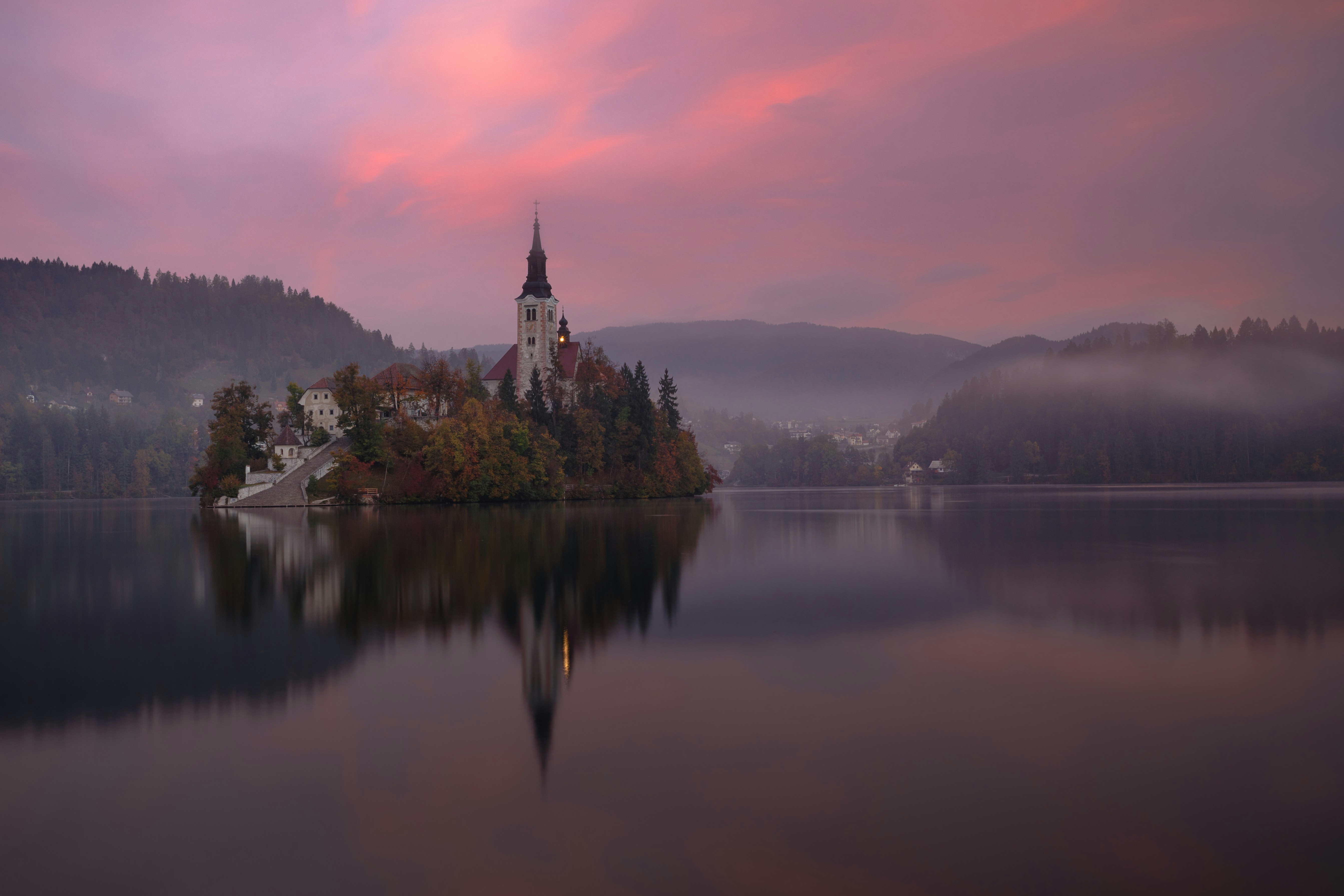 Mont Saint-Michels, France, Foggy sunset at Lake Bled
