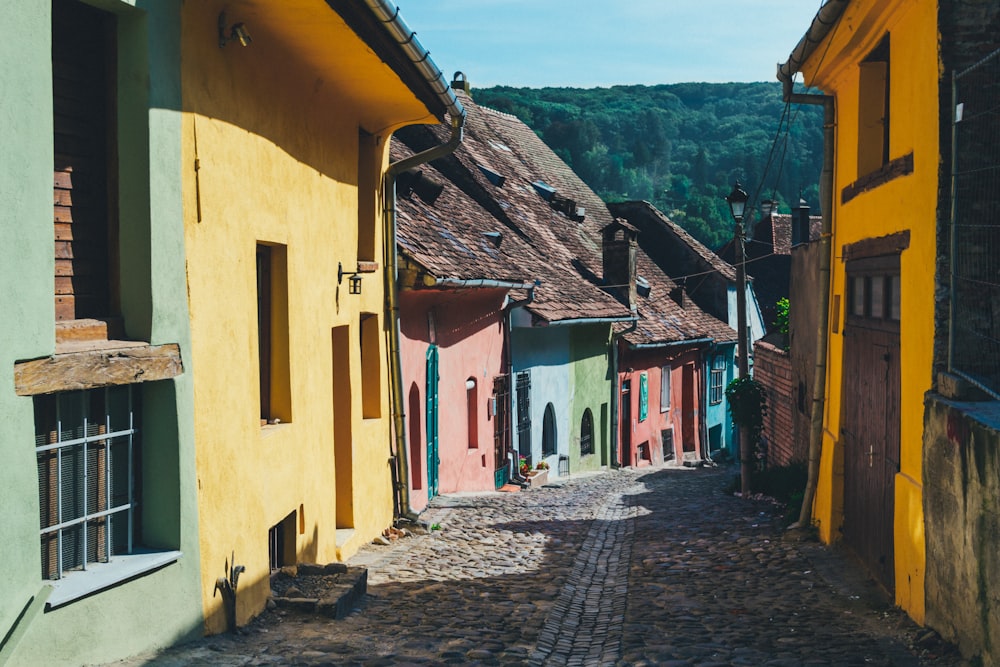 黄色と緑のコンクリートの家の写真