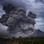 volcano eruption during daytime