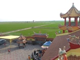 A picturesque view of a traditional Asian temple with ornate, colorful roofs overlooking expansive green rice fields. The temple features decorative elements with intricate designs, including dragons and mythical figures. A small gathering of people is visible in the courtyard, where a pagoda and a few stalls are set up. A clear sky and a distant horizon add a calm and serene backdrop to the scene.