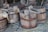 Several wooden buckets with rope handles are positioned on a surface covered with straw. The buckets have a rustic and weathered appearance, showing signs of use and age. The wooden planks of the buckets are bound together with metal hoops.