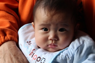 A baby with wide eyes is wrapped in a soft blue blanket, nestled in the arms of a person wearing an orange fleece jacket. The baby's expression is calm and curious, and its cheeks are slightly rosy.