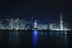 A vibrant city skyline at night illuminated by thousands of glowing lights
