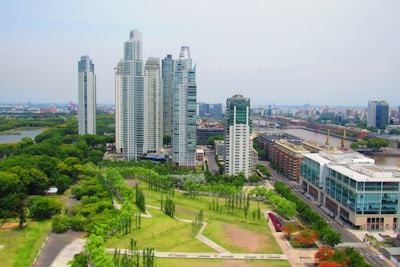 Aerial view of a cityscape featuring modern skyscrapers surrounded by lush green parks. A river curves through the city, lined with both contemporary and traditional buildings. The scene captures the juxtaposition of urban development and natural landscapes.