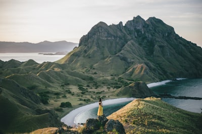 woman standing on mountain near body of water contemplative google meet background