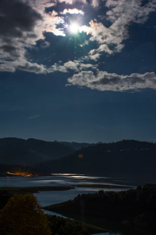 A serene night sky over a calm lake reflecting the moonlight, evoking the peaceful essence of Moonshire.