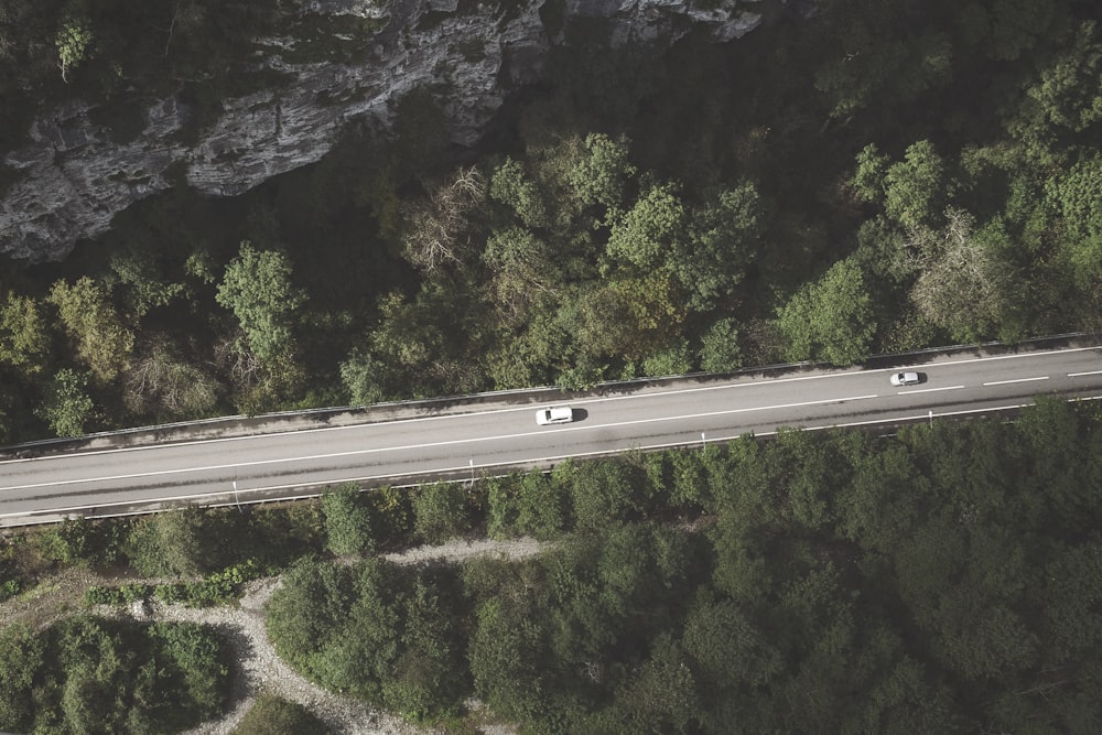 aerial photo of gray concrete in the middle of forest with two cars