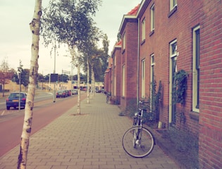 A quiet, clean street with bikes parked and no cars.