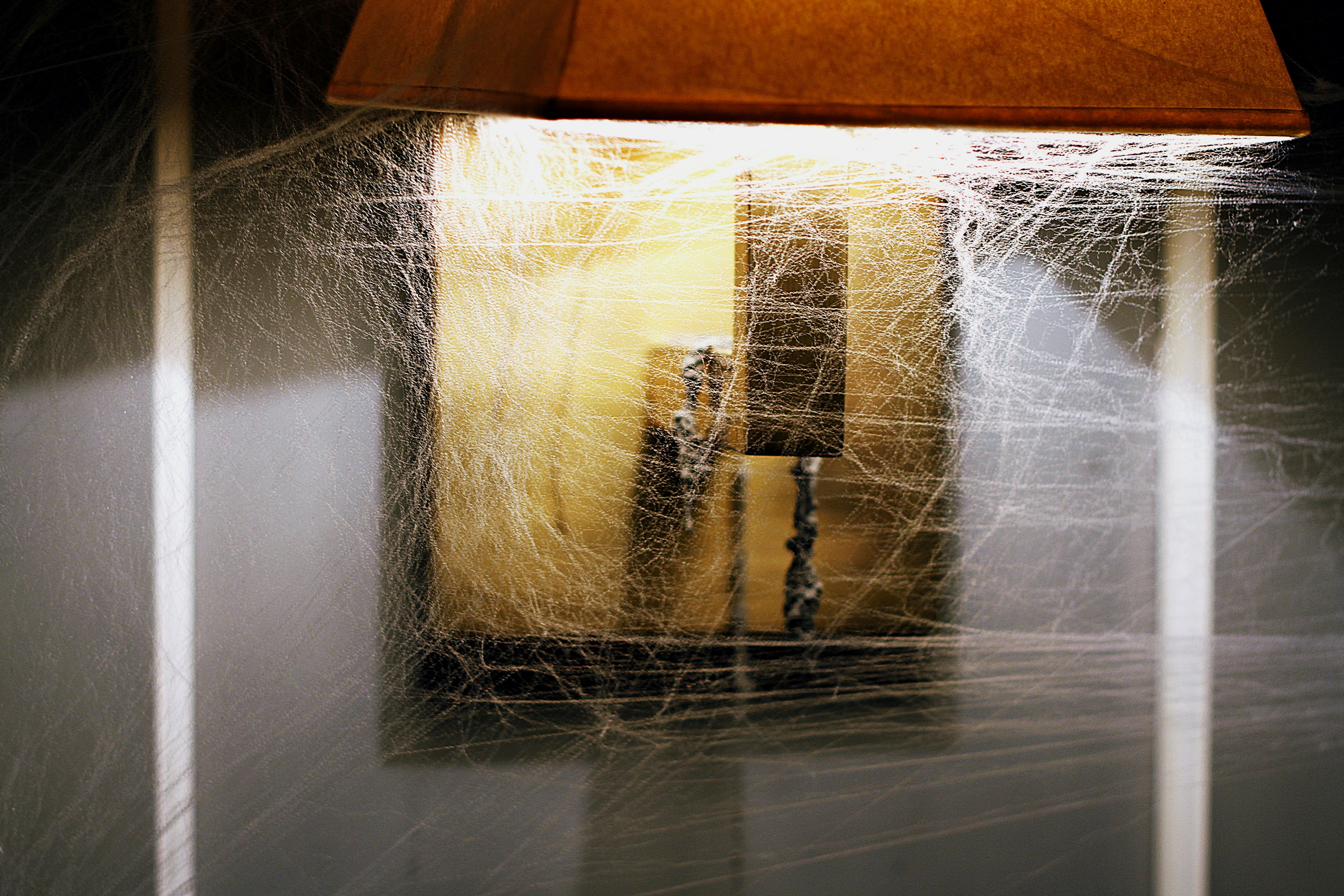 lighted brown table lamp with cob webs