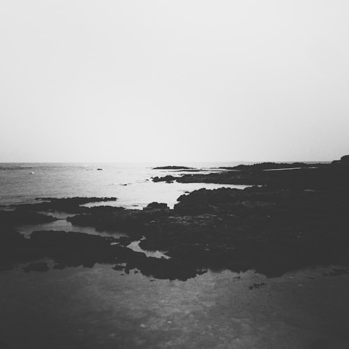 A grayscale image depicting a rocky shoreline with a calm sea. The rocks appear dark against the lighter shades of the sky and water. The horizon is faintly visible, contributing to an expansive and serene atmosphere.