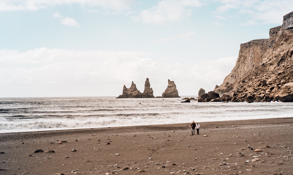 two person walking on seashore under clear blue sky