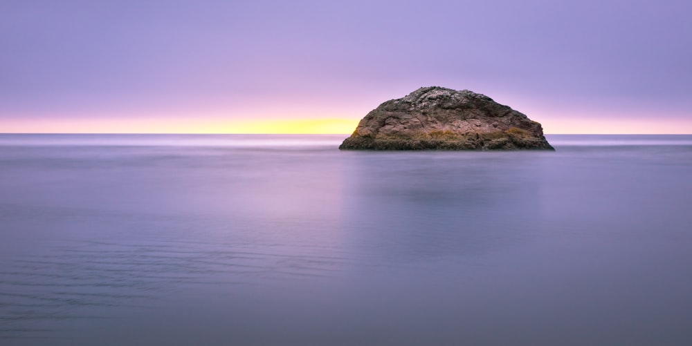 바다 한가운데에 있는 갈색 암석의 풍경 사진