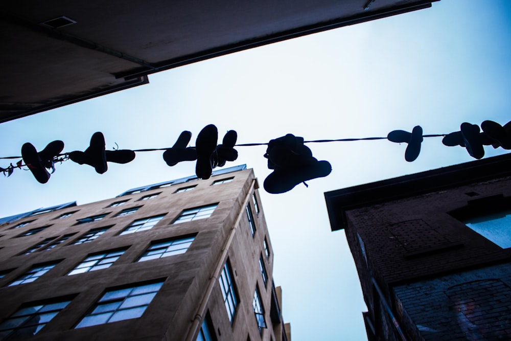 low-angle photo of hanged shoes on sting during daytime