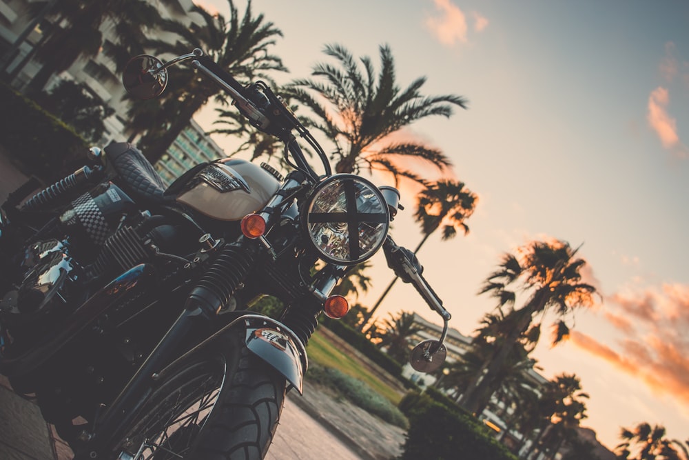 Motocicleta preta e cinza estacionada perto de árvores