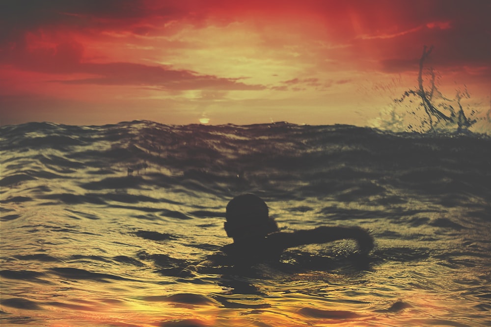 person swimming on body of water under red and orange sky
