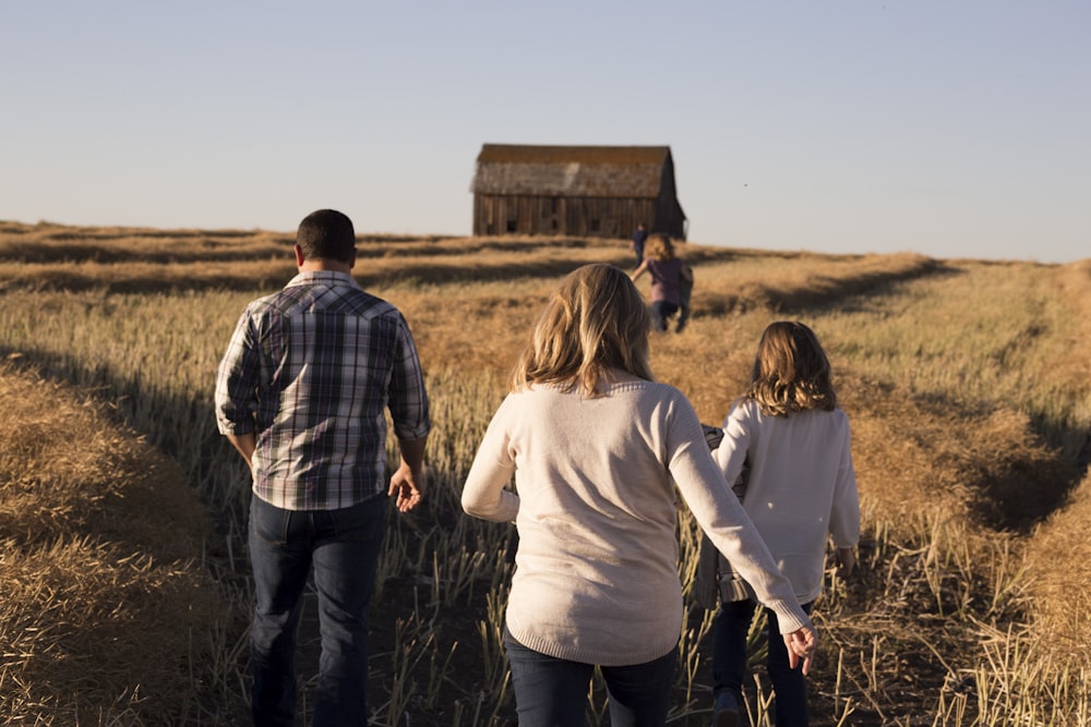 man and women walks on grasses during daytime