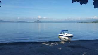 A small motorboat with a blue canopy floats on a calm lake with a distant volcano and hills in the background. The shoreline has sandy terrain with shadows of overhanging leaves.