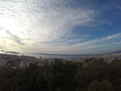 A panoramic view of a coastal city with protective barriers and green spaces under a cloudy sky.