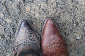 Two pointed-toe cowboy boots, one dark leather with intricate swirling patterns and the other brown with subtle embroidery, are shown on a rough, textured ground with small stones and patches of sand.
