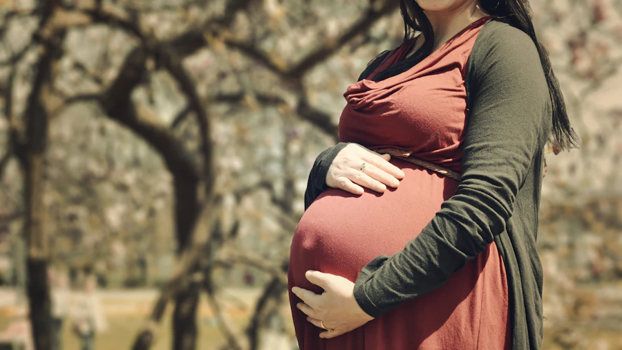 A pregnant woman outdoors in nature, cradling her belly