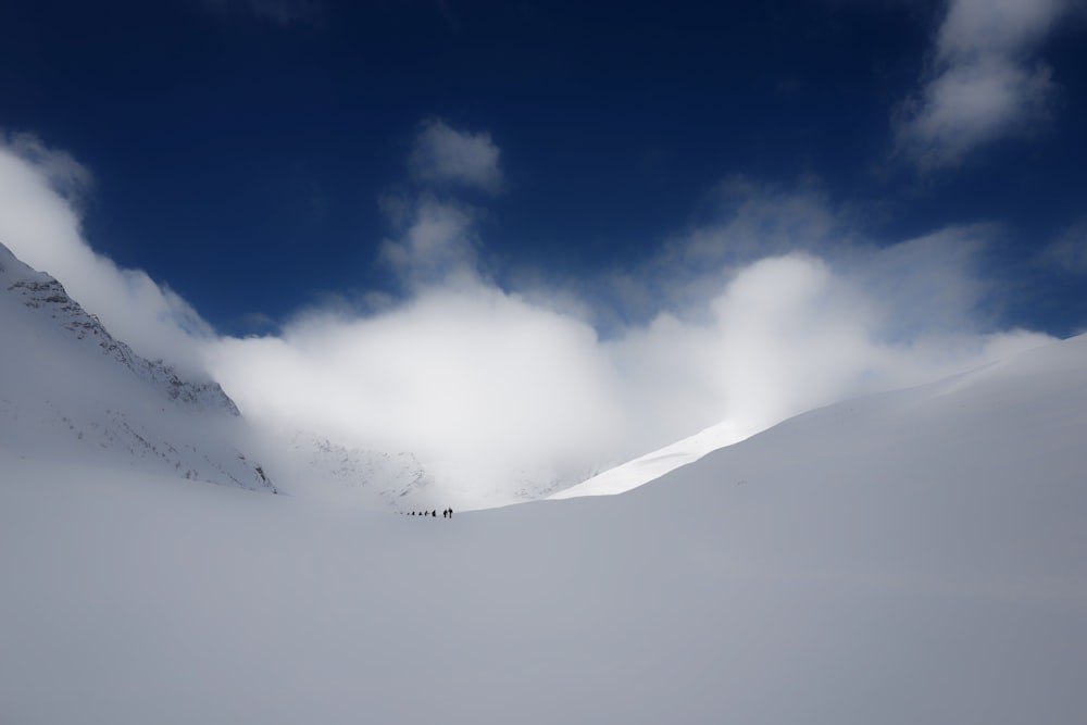 people walking on snow under cloudy sky