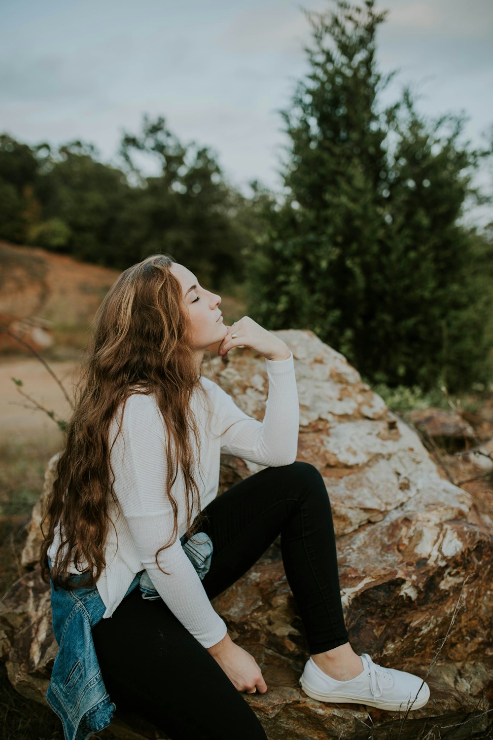 femme assise sur le rocher près de l’arbre vert sous les nuages blancs et le ciel bleu