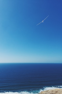 A glider is soaring above a vast and calm ocean under a clear blue sky. The horizon separates the deep blue of the water and the lighter shade of blue in the sky. Waves are gently crashing against the shore in the foreground.