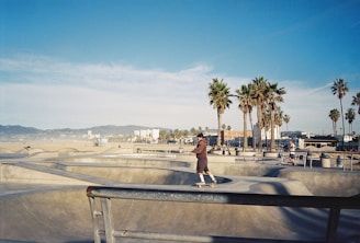 A skateboarder glides along a concrete skatepark with a clear blue sky overhead. Palm trees line the edge of the park, and mountains can be seen in the distance. The setting suggests a coastal environment, perhaps near a beach.