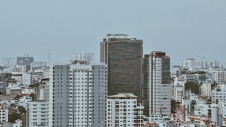 A dense cityscape featuring multiple high-rise buildings, including a prominent dark building with the 'Pullman' signage and a white building with 'BMC' sign. The skyline indicates numerous residential and commercial structures, with a few planes in the sky indicating an urban area near an airport.