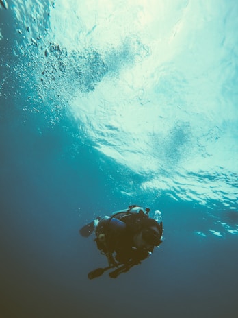 A scuba diver is submerged underwater with visible air bubbles rising towards the surface. The person is equipped with scuba gear including an oxygen tank. The water has a blue-green tint and light filters from above, creating a serene atmosphere.