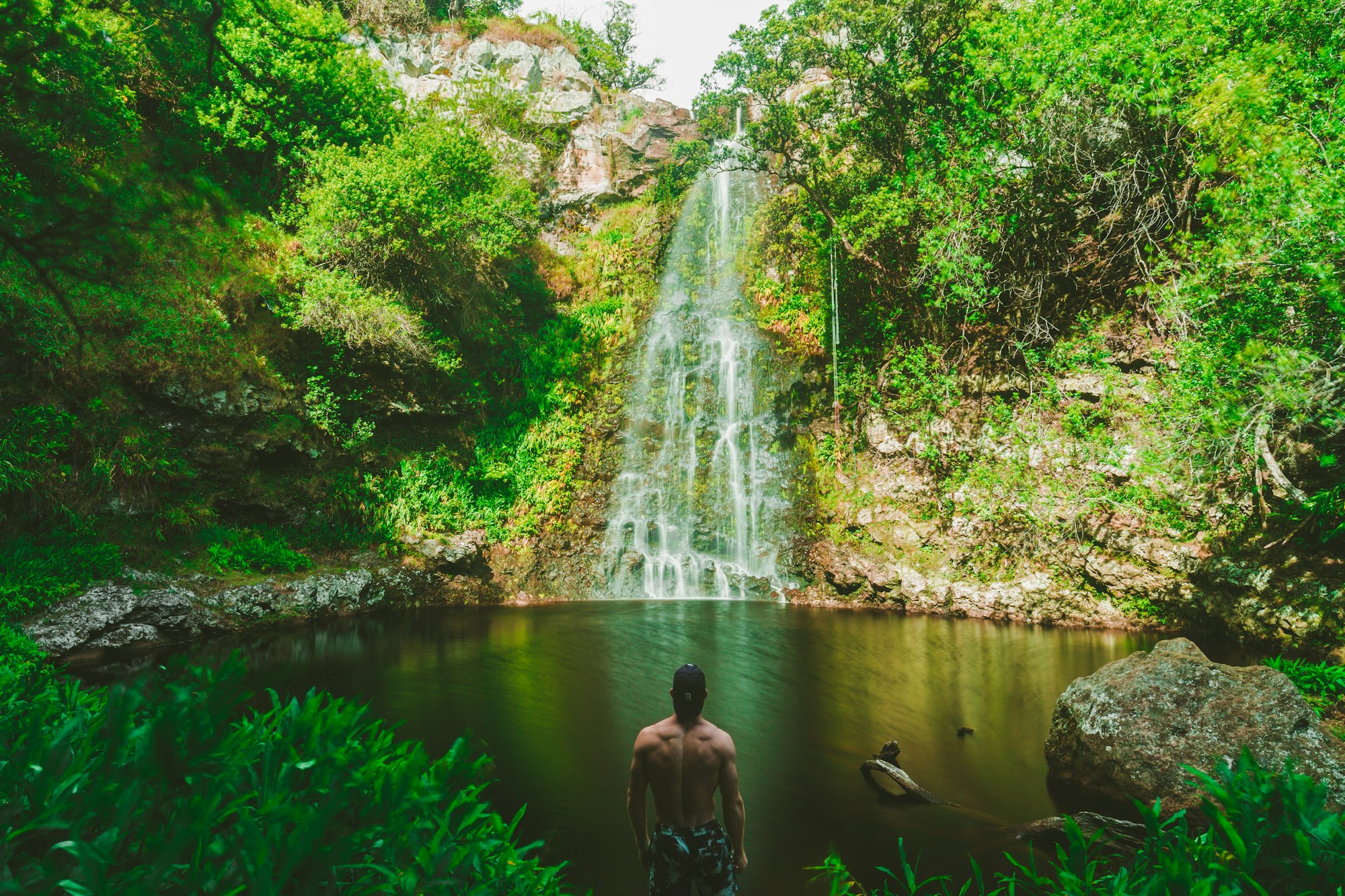 Man near a green waterfall