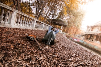 A person is relaxing in a serene outdoor setting, surrounded by fallen leaves, with a guitar lying nearby. The setting includes a stone railing and old buildings, with leaves creating an autumnal atmosphere. Sunlight filters through the trees, casting a warm glow.