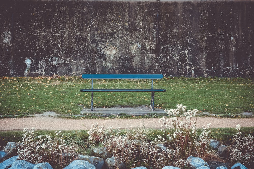 a blue bench sitting in the middle of a park