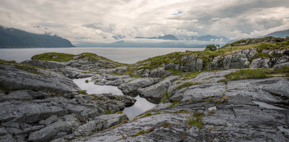 formazione rocciosa verde e grigia vicino allo specchio d'acqua durante il giorno