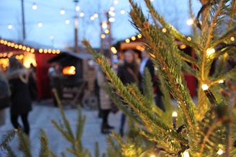 The image features a festive outdoor scene with a focus on a green pine tree branch adorned with white string lights. In the background, a market setting with red stalls and blurred figures suggests a lively atmosphere. Warm bokeh lights are strung above, creating a cozy and festive ambiance.