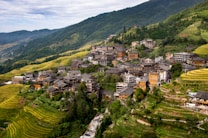 A picturesque village nestled among terraced rice fields and lush green hills. Traditional wooden houses with gray rooftops are scattered across the landscape. The terraces display a gradient of green and yellow hues, indicating different stages of crop growth.