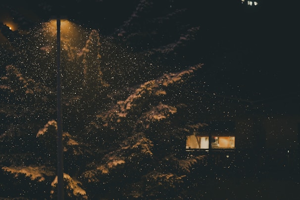 A cozy winter scene with falling snowflakes and warm lights.