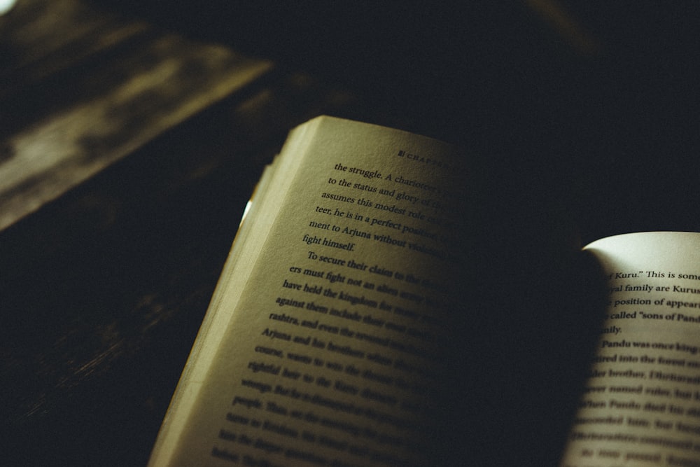 opened book page on brown wooden table