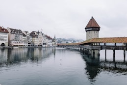 body of water near concrete buildings under white and gray sky at daytime