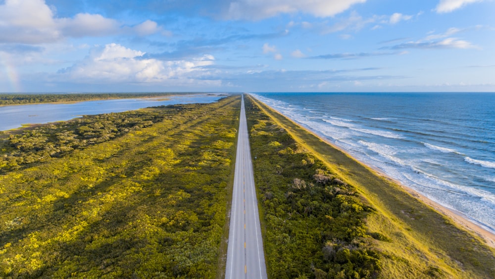 Luftaufnahme der Asphaltstraße zwischen Meer und Bäumen unter bewölktem Himmel