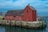 A red wooden fishing shack sits on a stone pier by the water with various colorful buoys hanging on its side. A seagull flies overhead near the blue sky, and another seagull is perched on the roof of the shack.