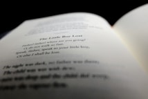 A close-up view of an open book with printed text. The focus is on the poem titled 'The Little Boy Lost', with the rest of the page appearing slightly blurred. The lighting creates a soft and thoughtful ambiance.