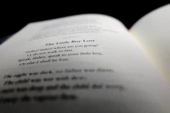 A close-up view of an open book with printed text. The focus is on the poem titled 'The Little Boy Lost', with the rest of the page appearing slightly blurred. The lighting creates a soft and thoughtful ambiance.